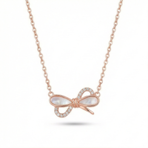 AGOR 925 Sterling Silver Rose Gold Plated Bow with MOP Inlay Pendant Necklace Jewellery