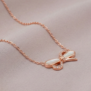 AGOR 925 Sterling Silver Rose Gold Plated Bow with MOP Inlay Pendant Necklace Jewellery