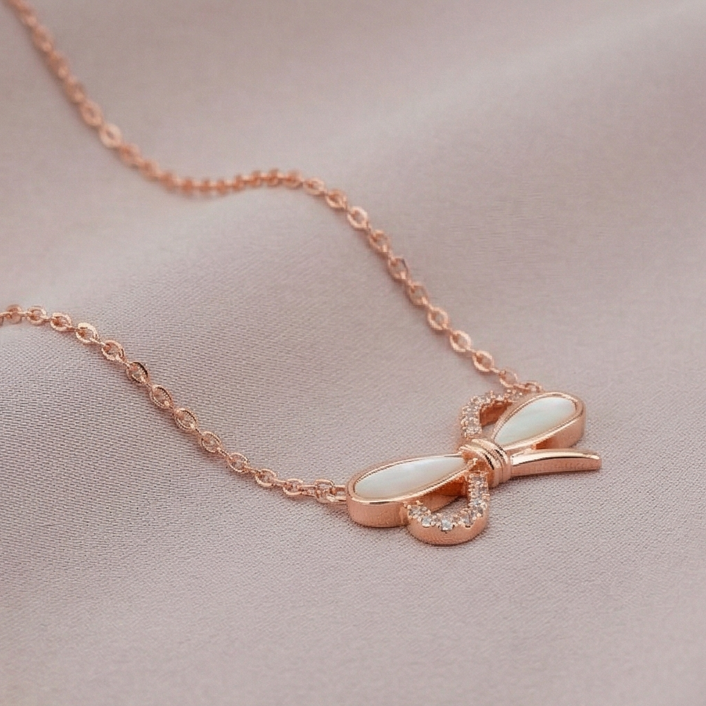 925 Sterling Silver Rose Gold Plated Bow with MOP Inlay Pendant Necklace Jewellery