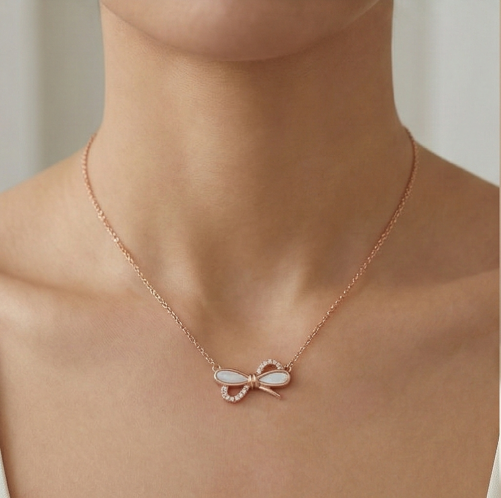 AGOR 925 Sterling Silver Rose Gold Plated Bow with MOP Inlay Pendant Necklace Jewellery