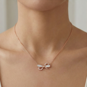 925 Sterling Silver Rose Gold Plated Bow with MOP Inlay Pendant Necklace Jewellery