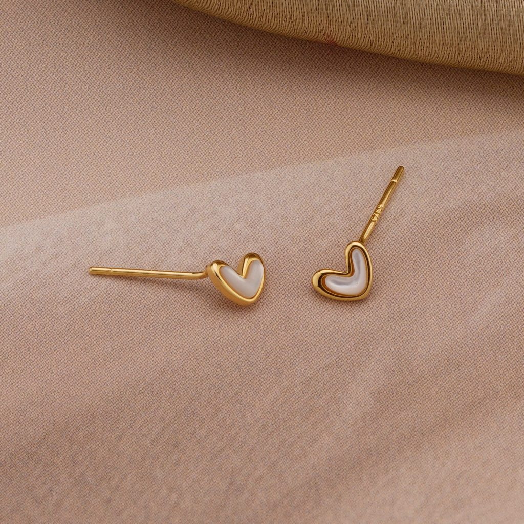 AGOR 925 Sterling Silver White Heart Stud Earrings Gold Plated Jewellery for Women