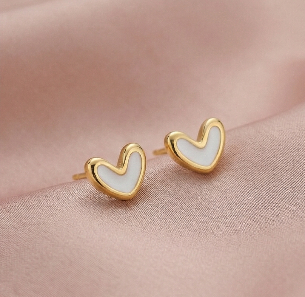 925 Sterling Silver White Heart Stud Earrings Gold Plated Jewellery for Women