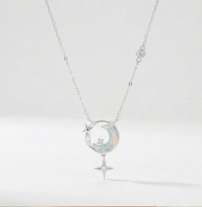 AGOR 925 Sterling Silver Crescent Moon and Star Necklace Rhodium Plated Jewellery for Women