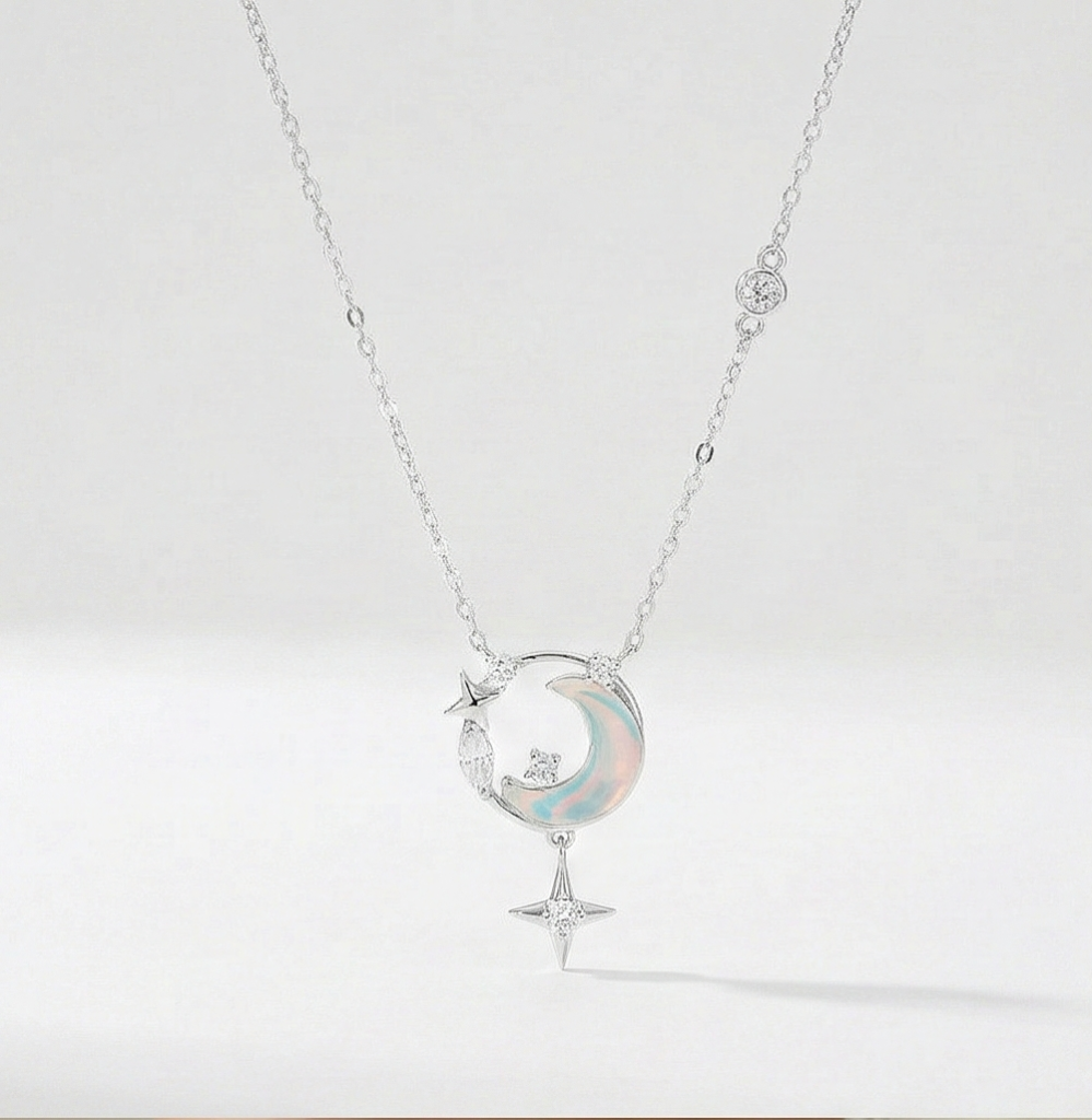 AGOR 925 Sterling Silver Crescent Moon and Star Necklace Rhodium Plated Jewellery for Women