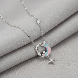 AGOR 925 Sterling Silver Crescent Moon and Star Necklace Rhodium Plated Jewellery for Women
