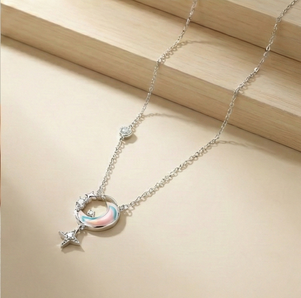 AGOR 925 Sterling Silver Crescent Moon and Star Necklace Rhodium Plated Jewellery for Women