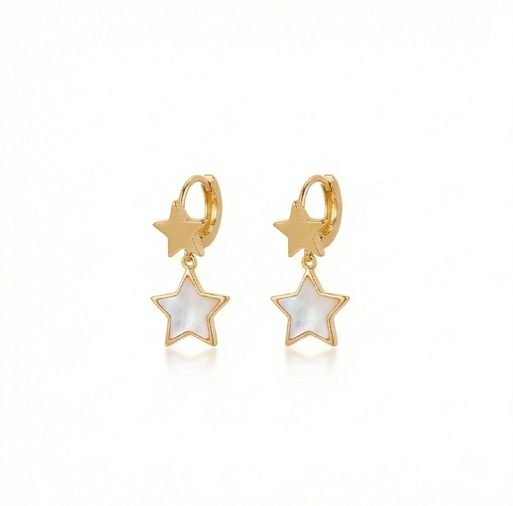 AGOR 925 Sterling Silver Double Star Dangle Hoop Earrings Gold Plated Celestial Jewellery