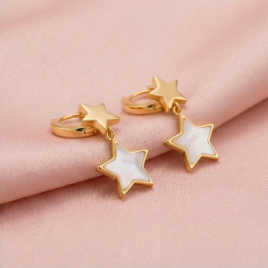 AGOR 925 Sterling Silver Double Star Dangle Hoop Earrings Gold Plated Celestial Jewellery
