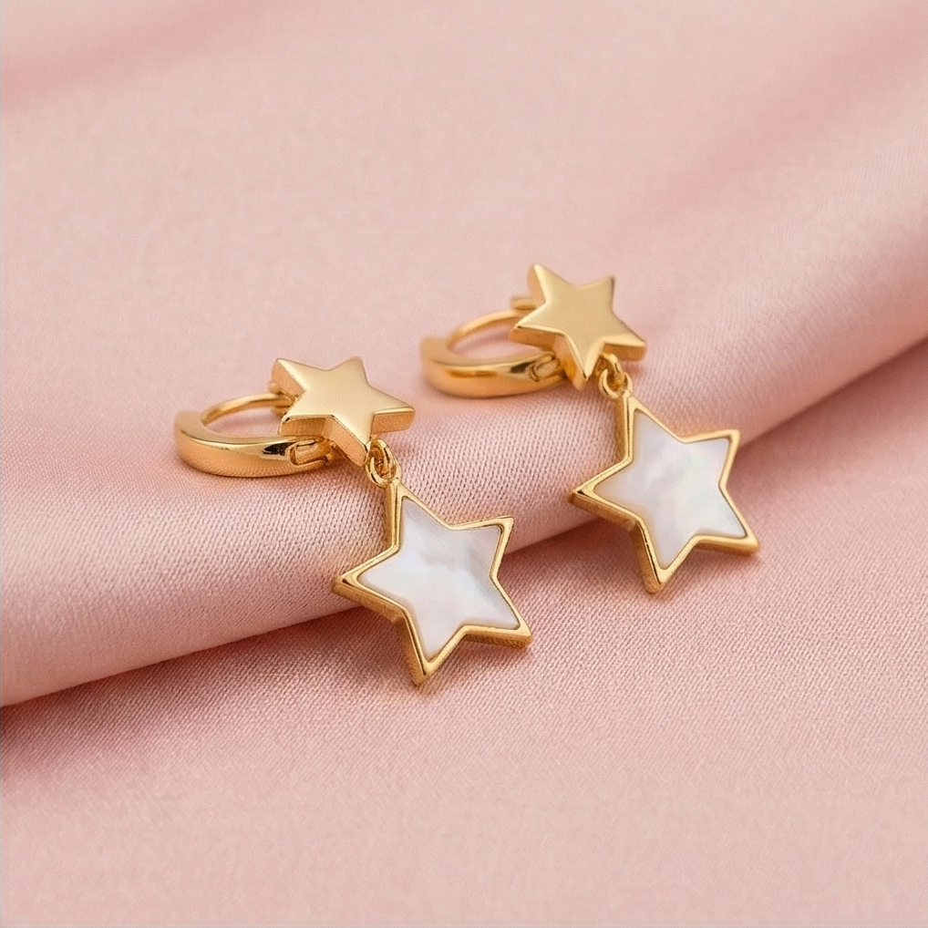 925 Sterling Silver Double Star Dangle Hoop Earrings Gold Plated Celestial Jewellery