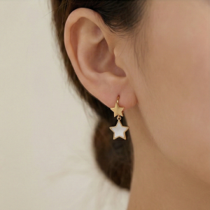 AGOR 925 Sterling Silver Double Star Dangle Hoop Earrings Gold Plated Celestial Jewellery