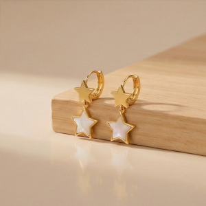 AGOR 925 Sterling Silver Double Star Dangle Hoop Earrings Gold Plated Celestial Jewellery