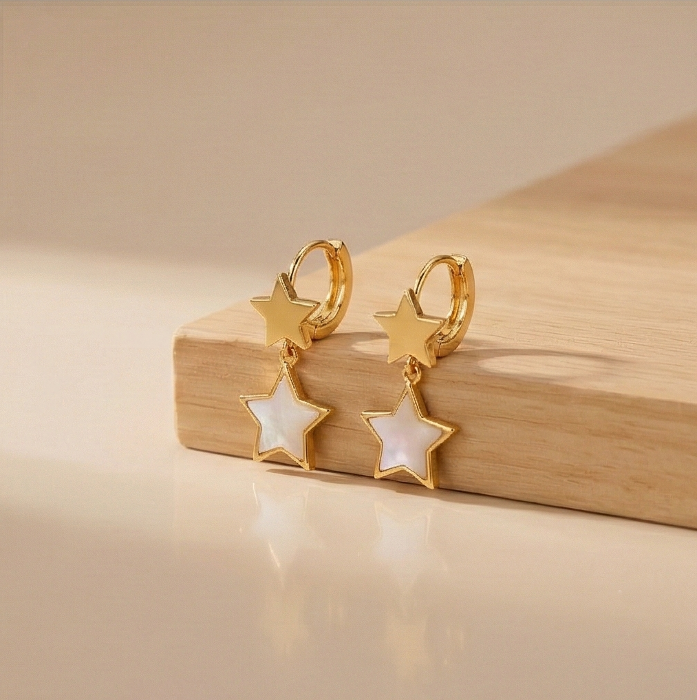 925 Sterling Silver Double Star Dangle Hoop Earrings Gold Plated Celestial Jewellery