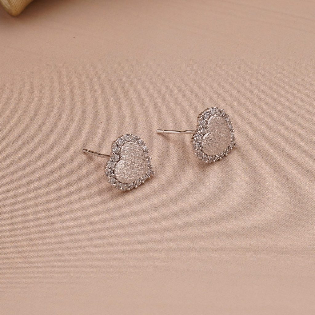 AGOR 925 Sterling Silver Textured Heart Stud Earrings Rhodium Finish Jewellery for Women