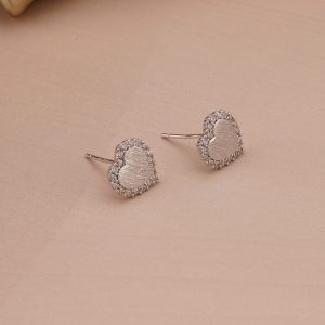AGOR 925 Sterling Silver Textured Heart Stud Earrings Rhodium Finish Jewellery for Women