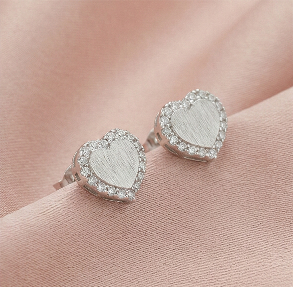 925 Sterling Silver Textured Heart Stud Earrings Rhodium Finish Jewellery for Women