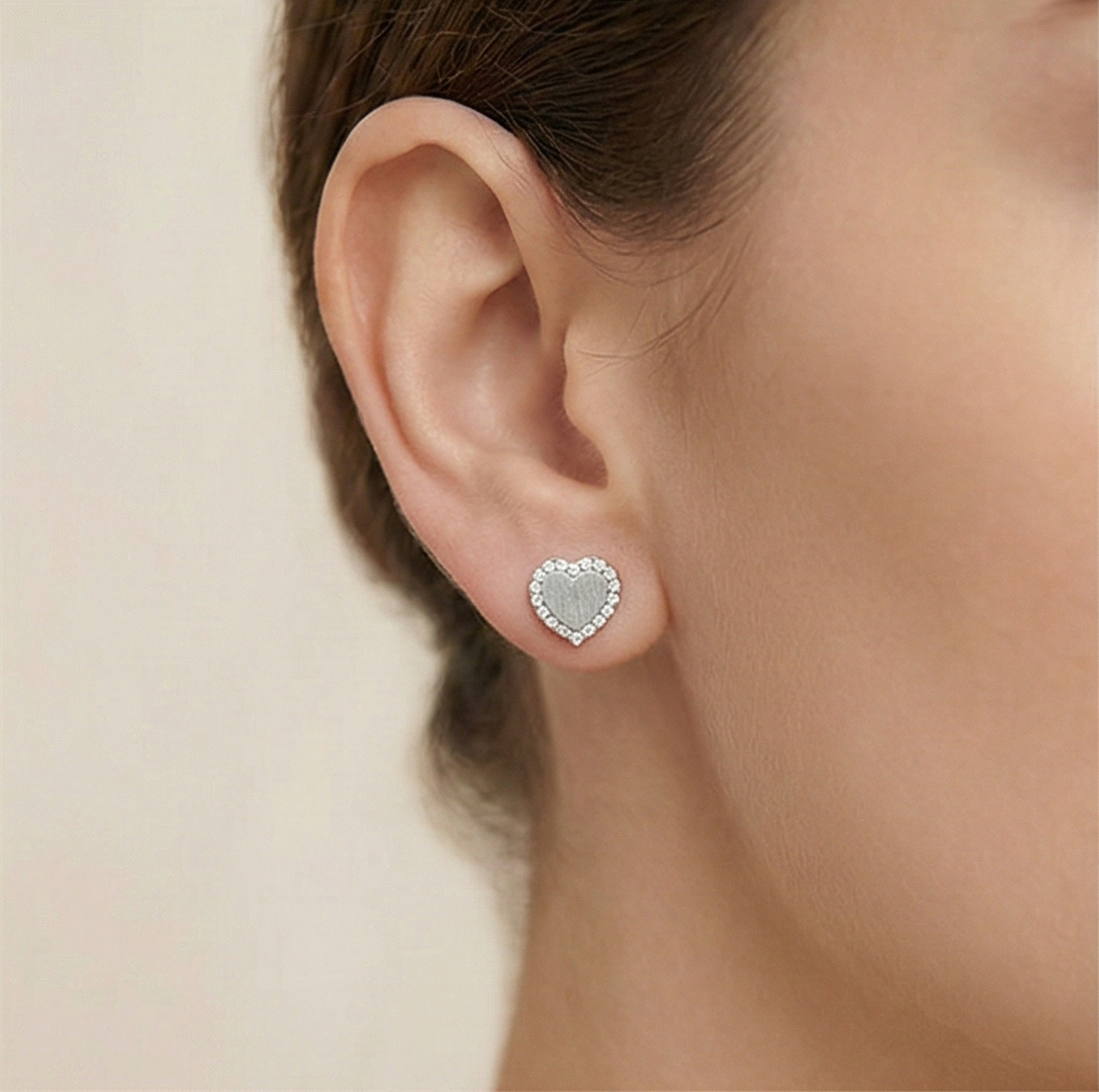 925 Sterling Silver Textured Heart Stud Earrings Rhodium Finish Jewellery for Women
