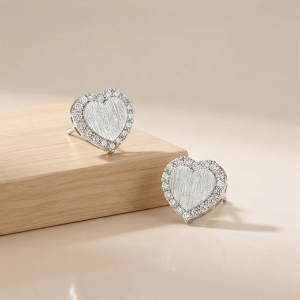 AGOR 925 Sterling Silver Textured Heart Stud Earrings Rhodium Finish Jewellery for Women