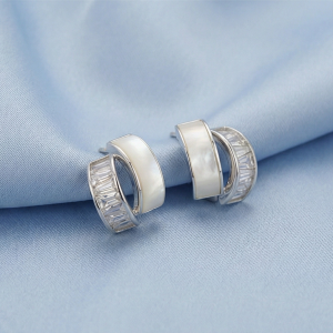AGOR 925 Sterling Silver Split Design Stud Earrings Mother of Pearl Inlay Rhodium Plated Jewellery