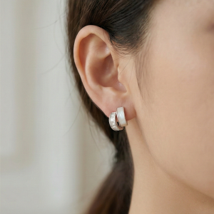 AGOR 925 Sterling Silver Split Design Stud Earrings Mother of Pearl Inlay Rhodium Plated Jewellery