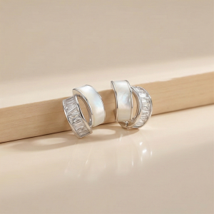 AGOR 925 Sterling Silver Split Design Stud Earrings Mother of Pearl Inlay Rhodium Plated Jewellery
