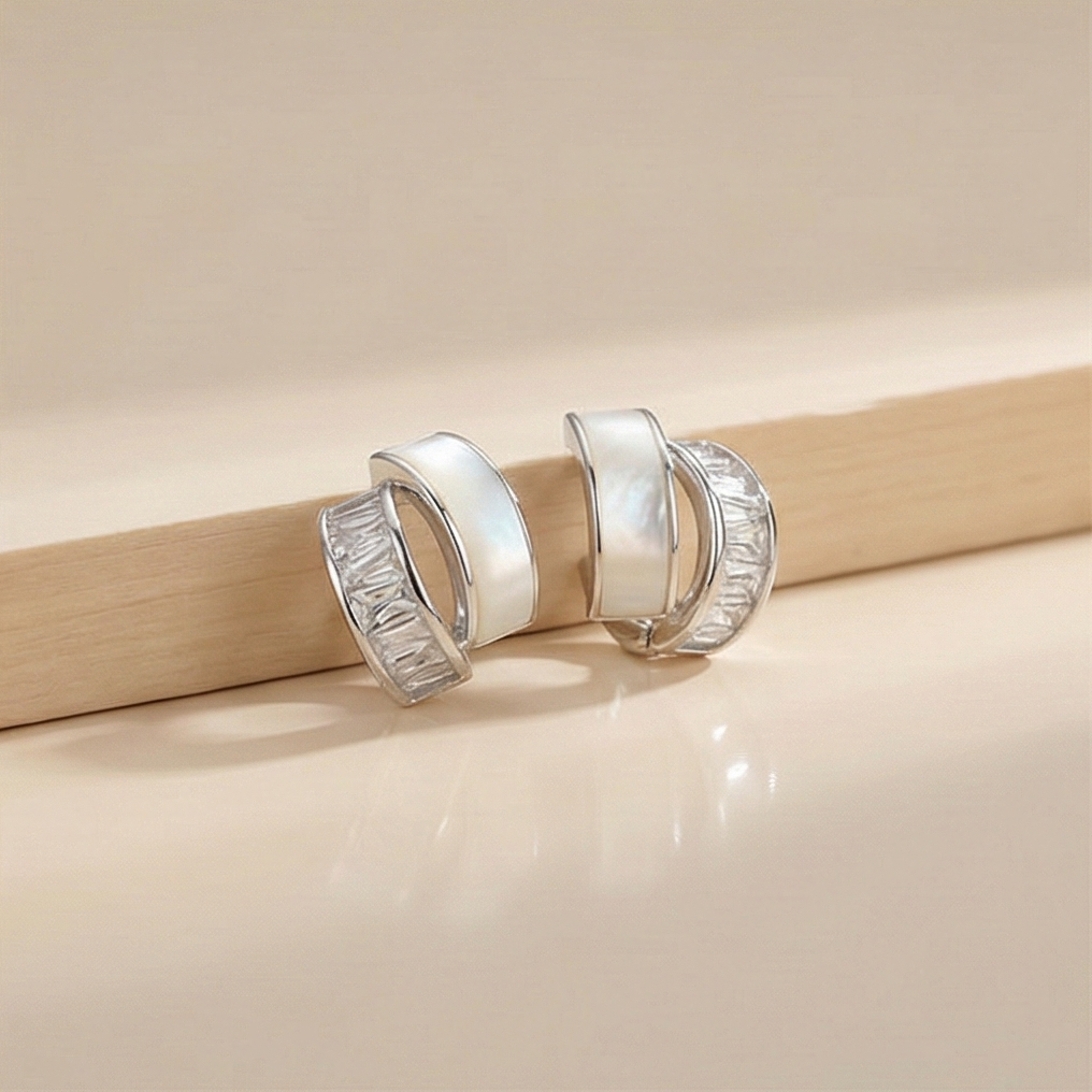 925 Sterling Silver Split Design Stud Earrings Mother of Pearl Inlay Rhodium Plated Jewellery