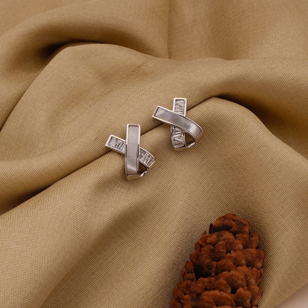 AGOR 925 Sterling Silver Criss Cross Stud Earrings Mother of Pearl Jewellery for Women
