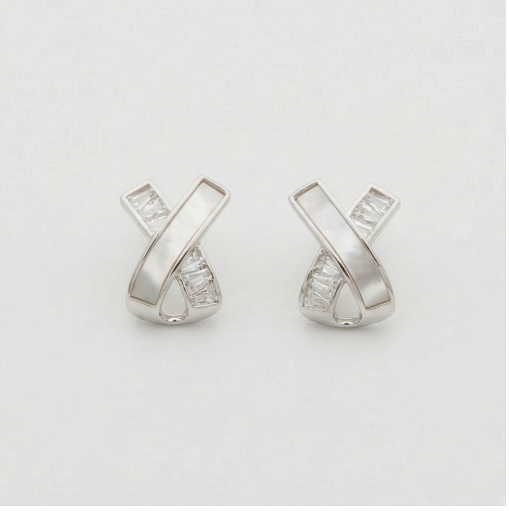 AGOR 925 Sterling Silver Criss Cross Stud Earrings Mother of Pearl Jewellery for Women