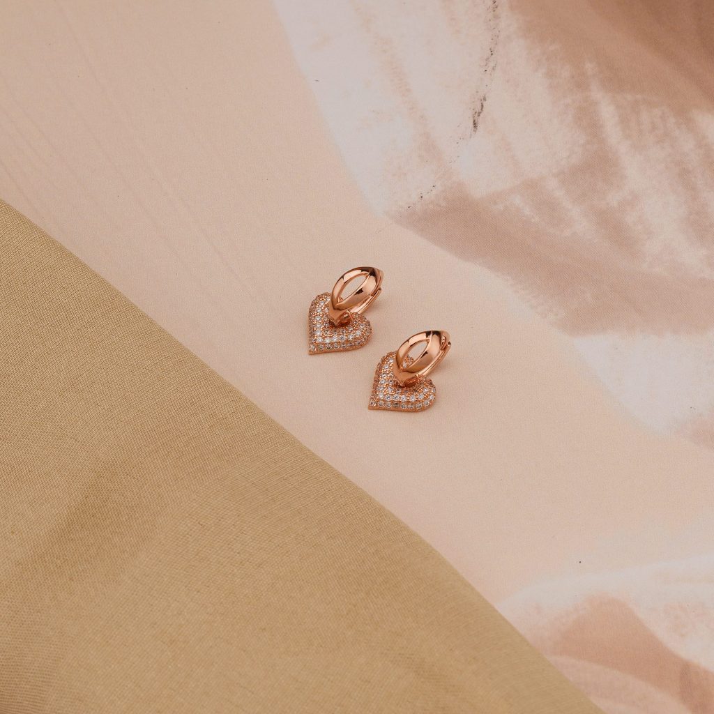 AGOR 925 Sterling Silver Pave Heart Charm Huggie Earrings Rose Gold Plated Jewellery