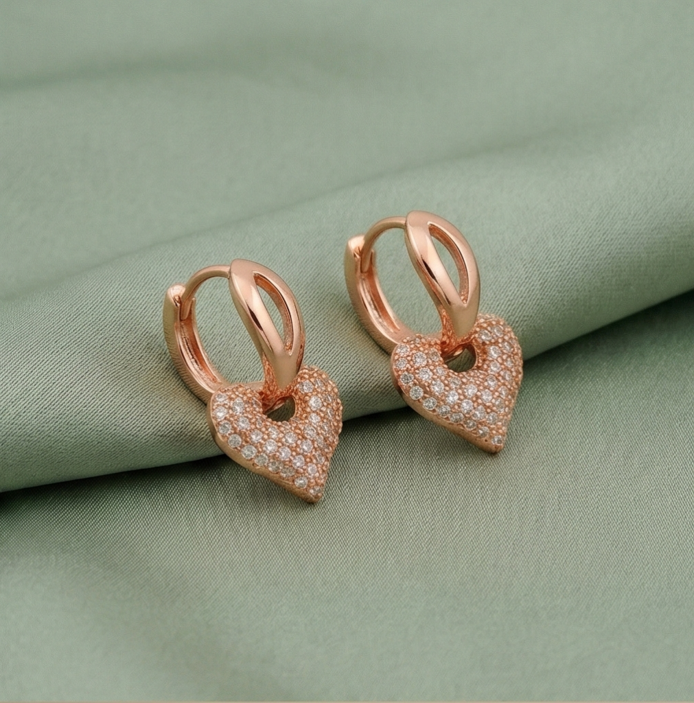 AGOR 925 Sterling Silver Pave Heart Charm Huggie Earrings Rose Gold Plated Jewellery