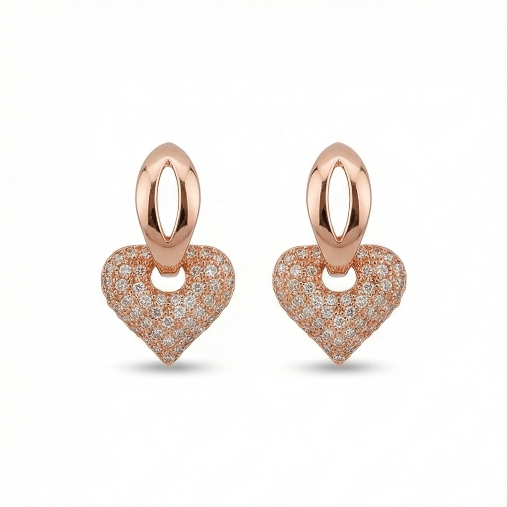 925 Sterling Silver Pave Heart Charm Huggie Earrings Rose Gold Plated Jewellery