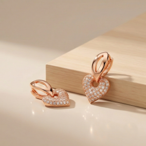 AGOR 925 Sterling Silver Pave Heart Charm Huggie Earrings Rose Gold Plated Jewellery