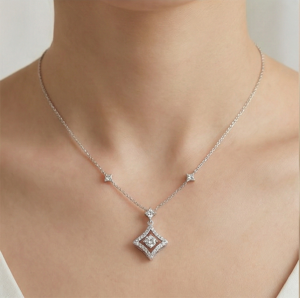 AGOR 925 Sterling Silver Geometric Pendant Necklace Rhodium Plated Jewellery for Women