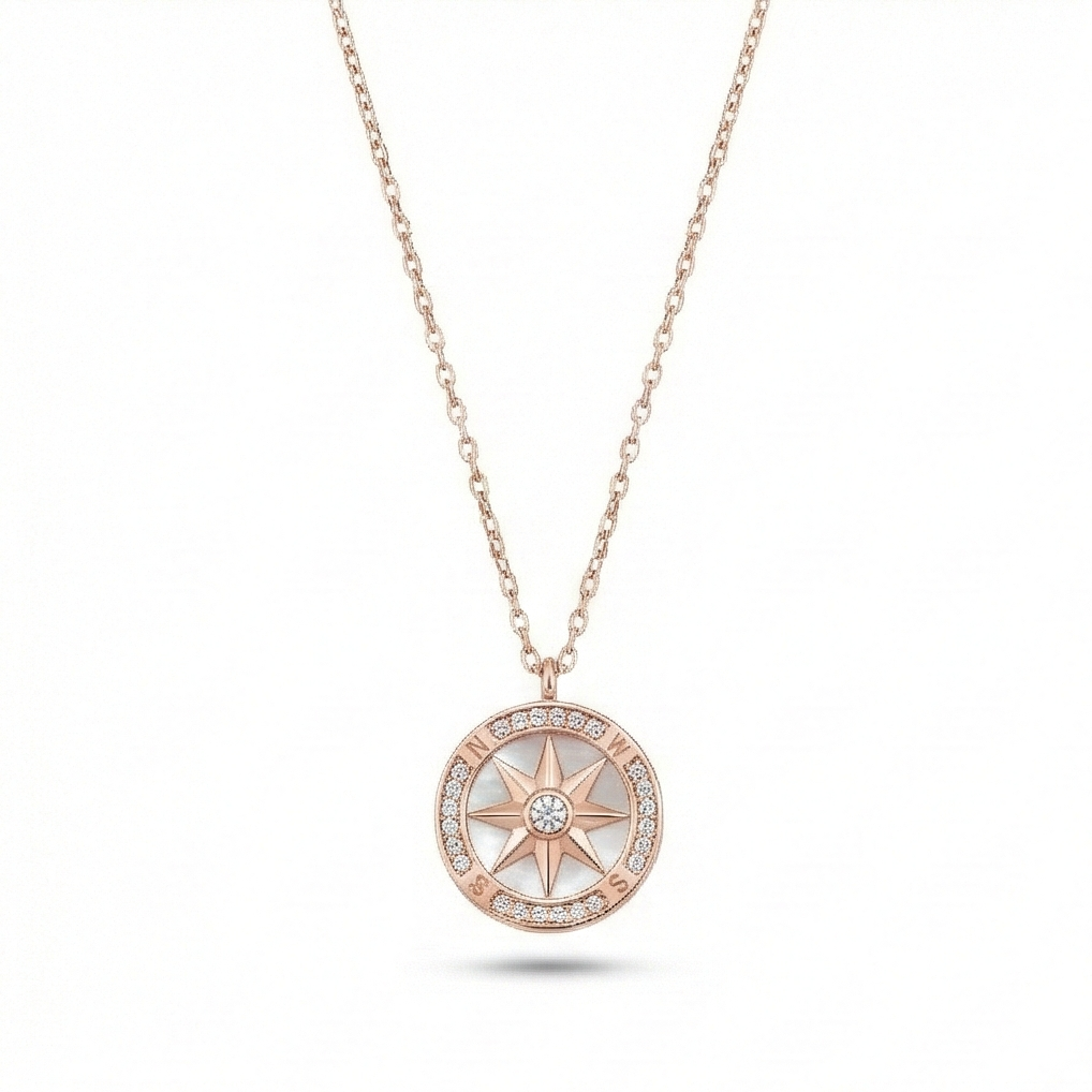 925 Sterling Silver Compass Pendant Necklace Rose Gold Plated Jewellery for Women