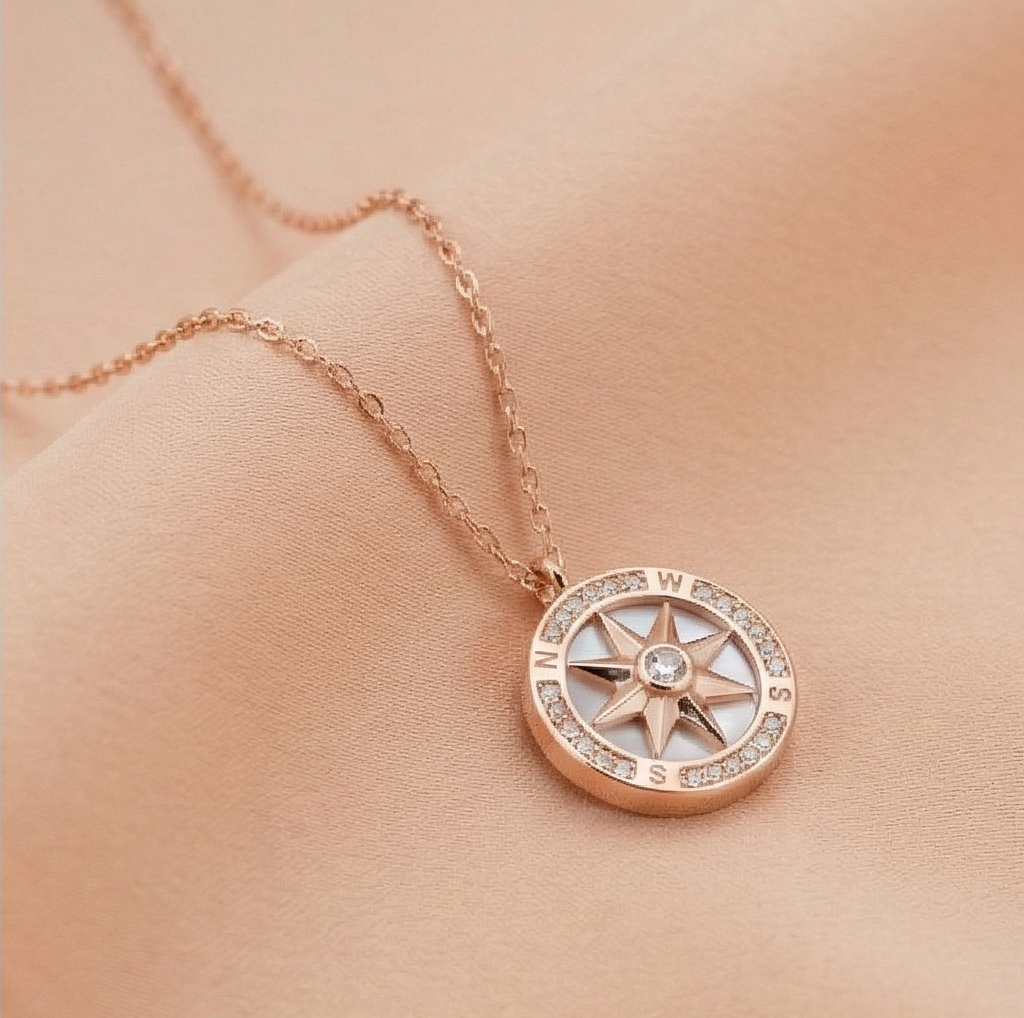 925 Sterling Silver Compass Pendant Necklace Rose Gold Plated Jewellery for Women
