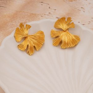 AGOR 925 Sterling Silver Textured Ginkgo Leaf Stud Earrings Gold Plated Statement Jewellery