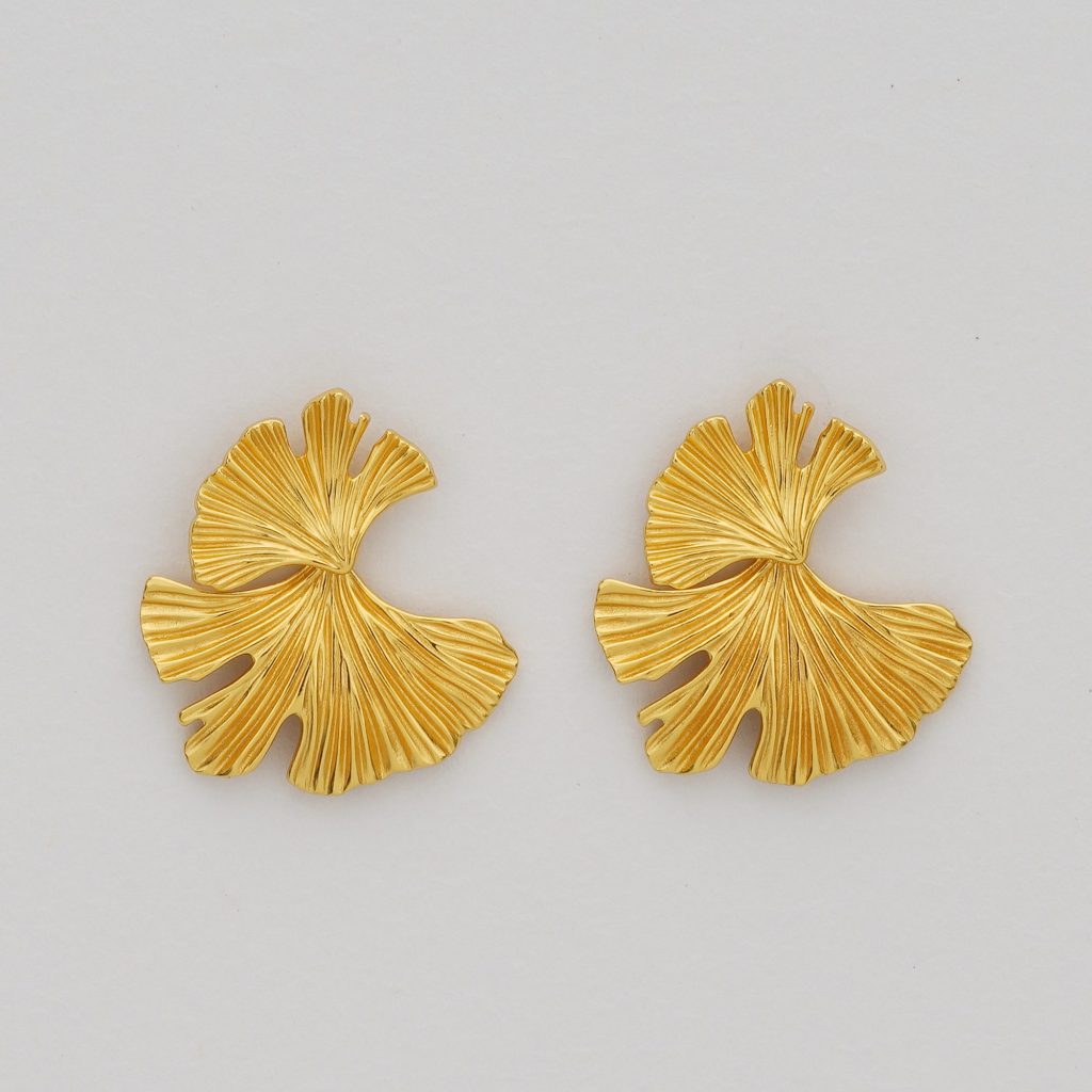 AGOR 925 Sterling Silver Textured Ginkgo Leaf Stud Earrings Gold Plated Statement Jewellery