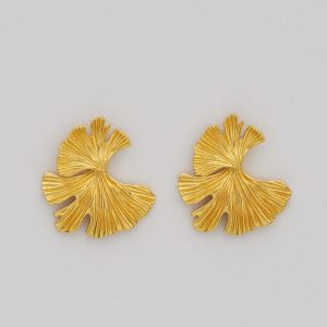 AGOR 925 Sterling Silver Textured Ginkgo Leaf Stud Earrings Gold Plated Statement Jewellery