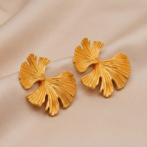 AGOR 925 Sterling Silver Textured Ginkgo Leaf Stud Earrings Gold Plated Statement Jewellery