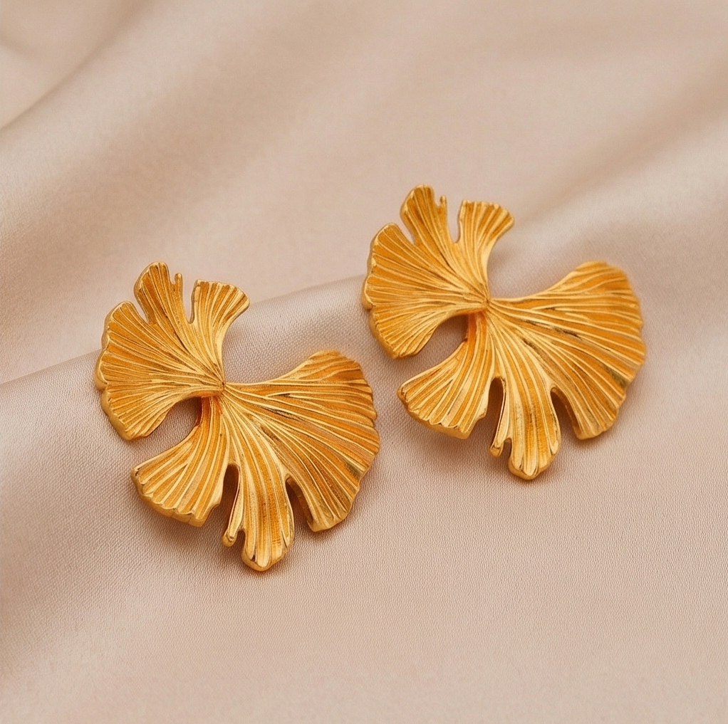 925 Sterling Silver Textured Ginkgo Leaf Stud Earrings Gold Plated Statement Jewellery