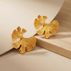 AGOR 925 Sterling Silver Textured Ginkgo Leaf Stud Earrings Gold Plated Statement Jewellery