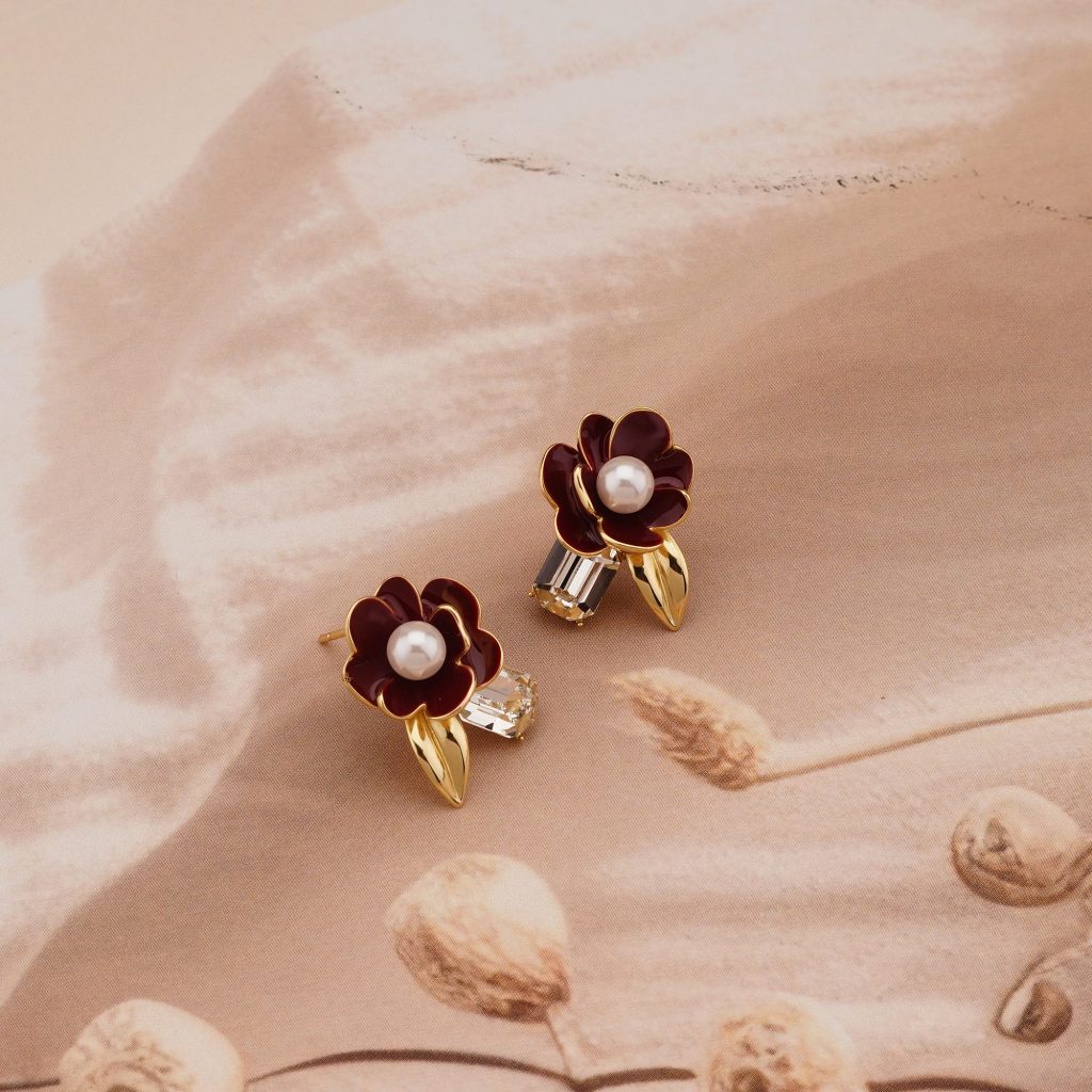 AGOR 925 Sterling Silver Red Enamel Floral Stud Earrings with Pearl & Crystal Gold Plated Jewellery