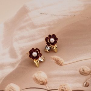 AGOR 925 Sterling Silver Red Enamel Floral Stud Earrings with Pearl & Crystal Gold Plated Jewellery