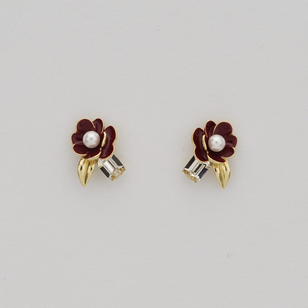 AGOR 925 Sterling Silver Red Enamel Floral Stud Earrings with Pearl & Crystal Gold Plated Jewellery