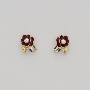 AGOR 925 Sterling Silver Red Enamel Floral Stud Earrings with Pearl & Crystal Gold Plated Jewellery