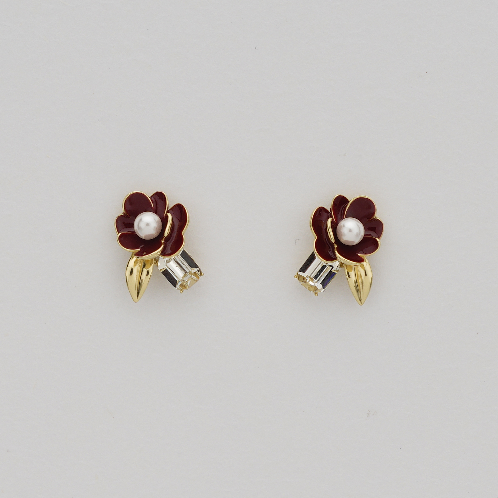 925 Sterling Silver Red Enamel Floral Stud Earrings with Pearl & Crystal Gold Plated Jewellery