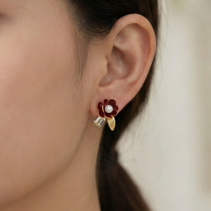 AGOR 925 Sterling Silver Red Enamel Floral Stud Earrings with Pearl & Crystal Gold Plated Jewellery