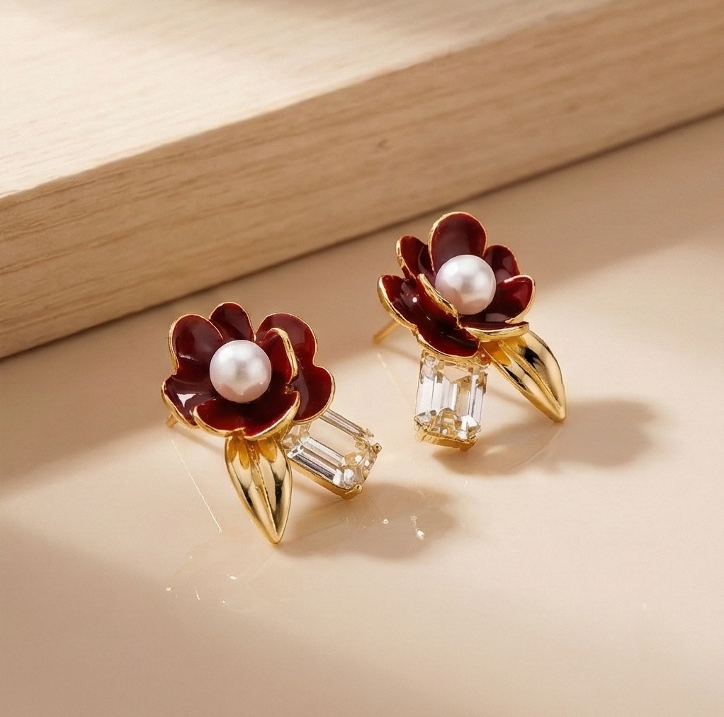 925 Sterling Silver Red Enamel Floral Stud Earrings with Pearl & Crystal Gold Plated Jewellery