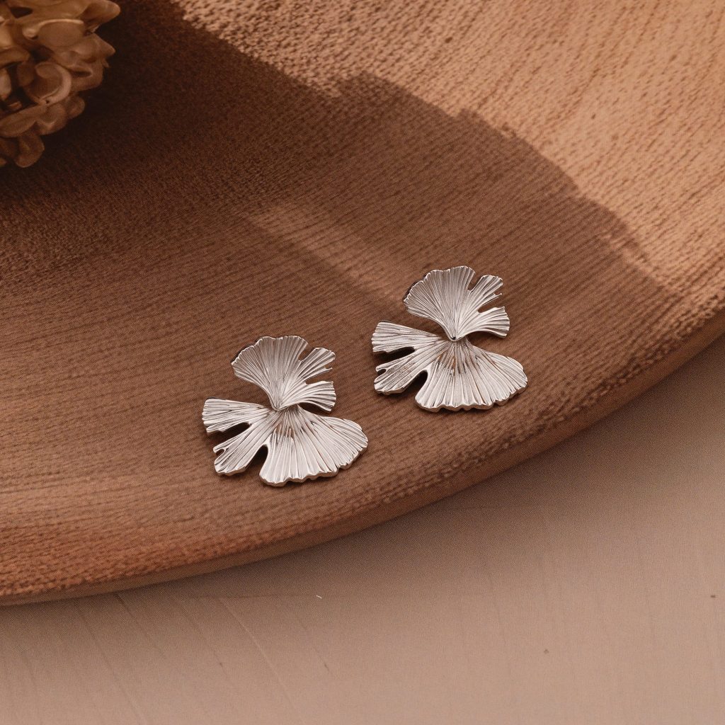 AGOR 925 Sterling Silver Textured Fan Stud Earrings Platinum Finish Statement Jewellery