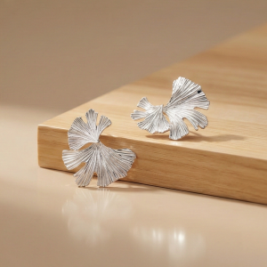AGOR 925 Sterling Silver Textured Fan Stud Earrings Platinum Finish Statement Jewellery